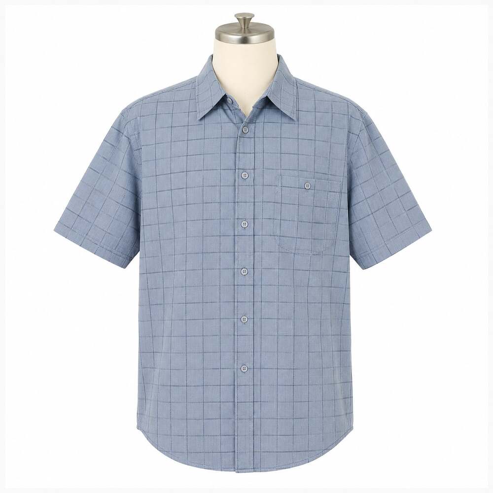 Ron Chereskin Men Blue Grid Luxury Microfiber Short Sleeve Button Front Shirt XL